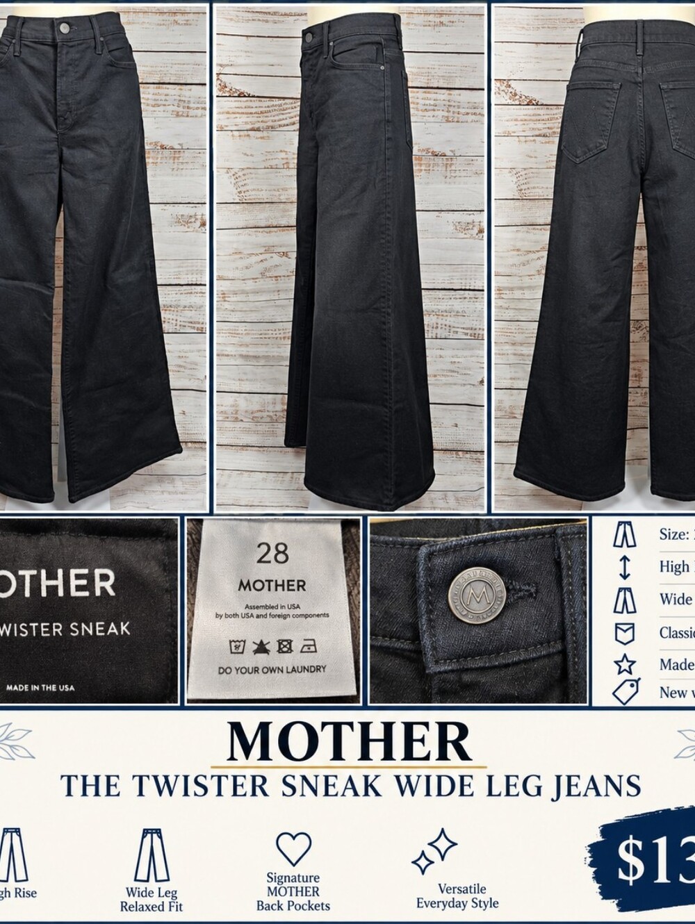 MOTHER The Twister Sneak High Rise Wide Leg Jeans Size 28 Black
